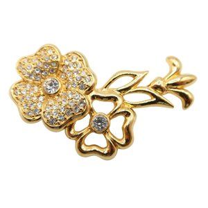 Gold Tone Double Flower Rhinestone Fashion Brooch Pin 2" Unsigned